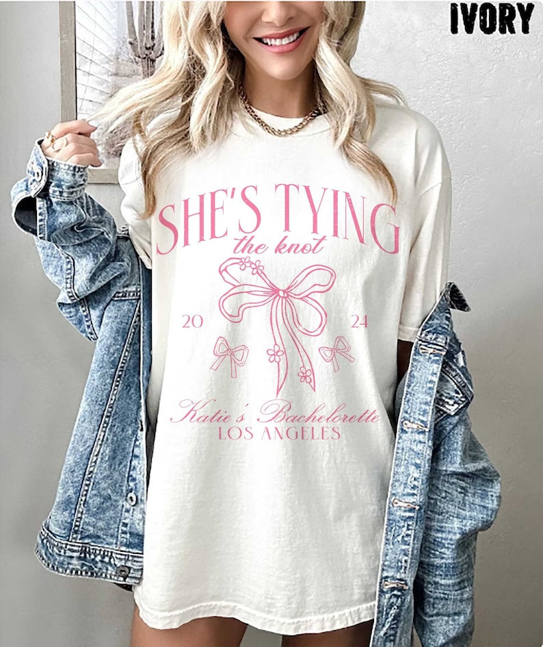Coquette Bachelorette Shirts, She's Tying The Knot Bridal Party Shirt, Bow Theme Bridal Shower Tee, Personalized Coquette Bridesmaid Favors