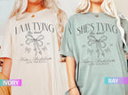 Coquette Bow Bachelorette Shirts, She's Tying the Knot Bridal Party, Custom Bachelorette Party Shirt, Custom Location, Bridal Shower Gifts