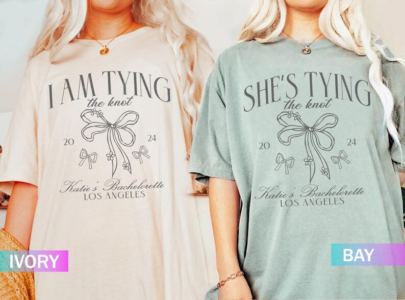 Coquette Bow Bachelorette Shirts, She's Tying the Knot Bridal Party, Custom Bachelorette Party Shirt, Custom Location, Bridal Shower Gifts