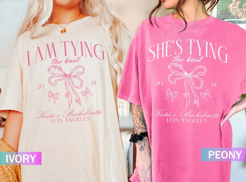 Coquette Bow Bachelorette Shirts, She's Tying the Knot Bridal Party, Custom Bachelorette Party Shirt, Custom Location, Bridal Shower Gifts