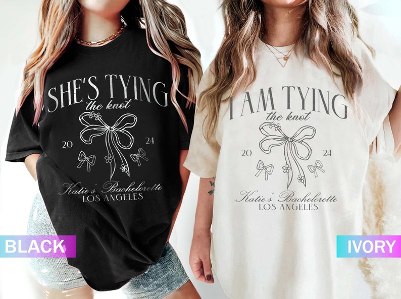 Coquette Bow Bachelorette Shirts, She's Tying the Knot Bridal Party, Custom Bachelorette Party Shirt, Custom Location, Bridal Shower Gifts