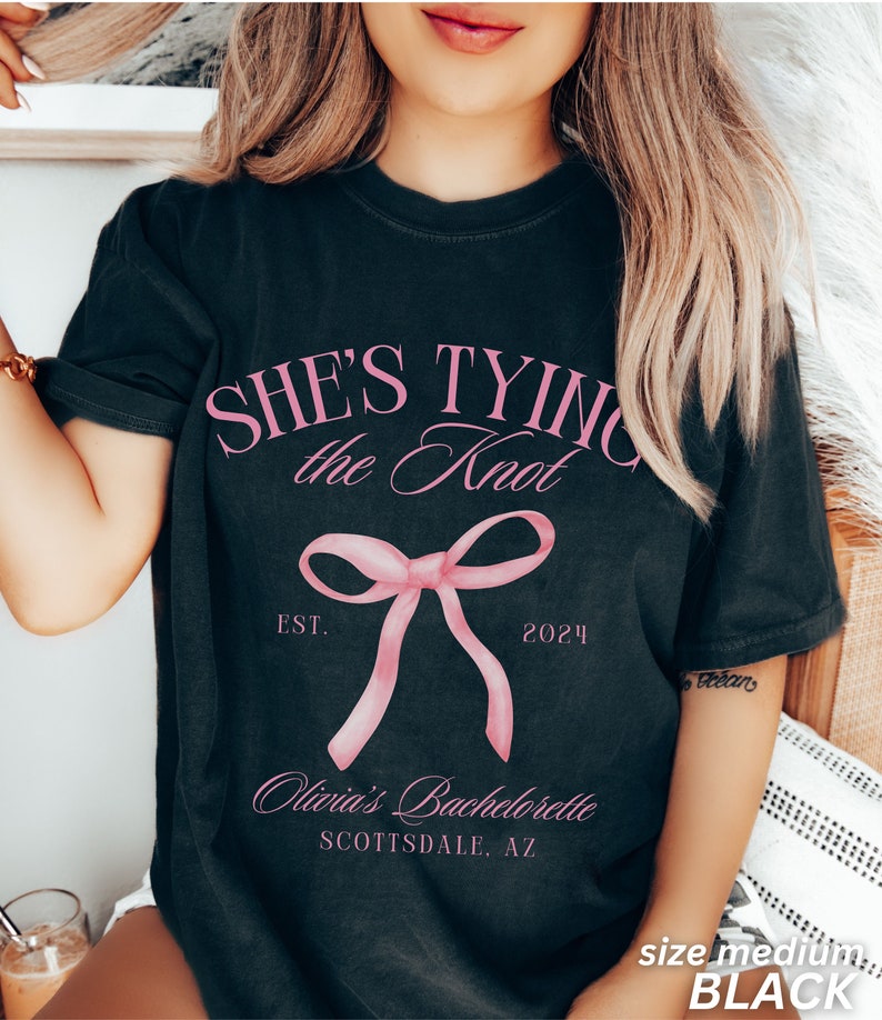 Coquette Bow Bachelorette Shirts, Bachelorette Party, Custom Bachelorette Shirts, Shes Tying the Knot Bridal Party, Girly Bow Bachelorette