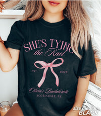 Coquette Bow Bachelorette Shirts, Bachelorette Party, Custom Bachelorette Shirts, Shes Tying the Knot Bridal Party, Girly Bow Bachelorette