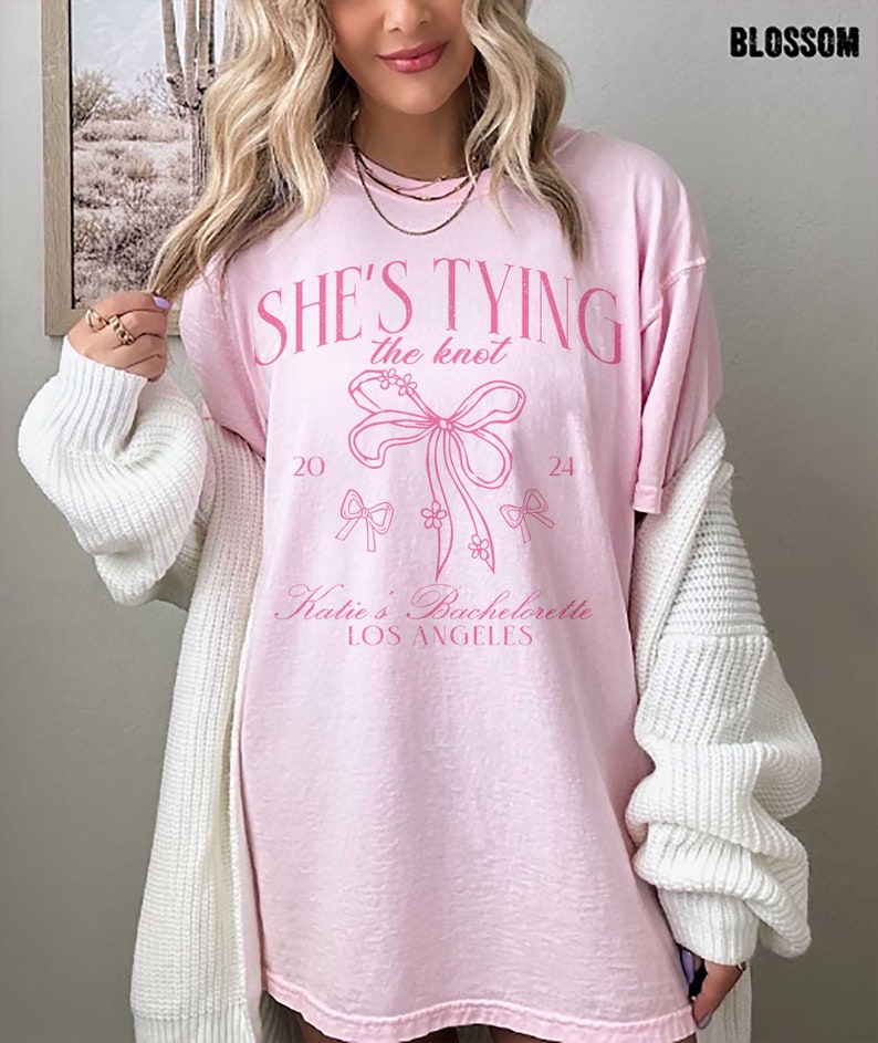 Coquette Bachelorette Shirts, She's Tying The Knot Bridal Party Shirt, Bow Theme Bridal Shower Tee, Personalized Coquette Bridesmaid Favors
