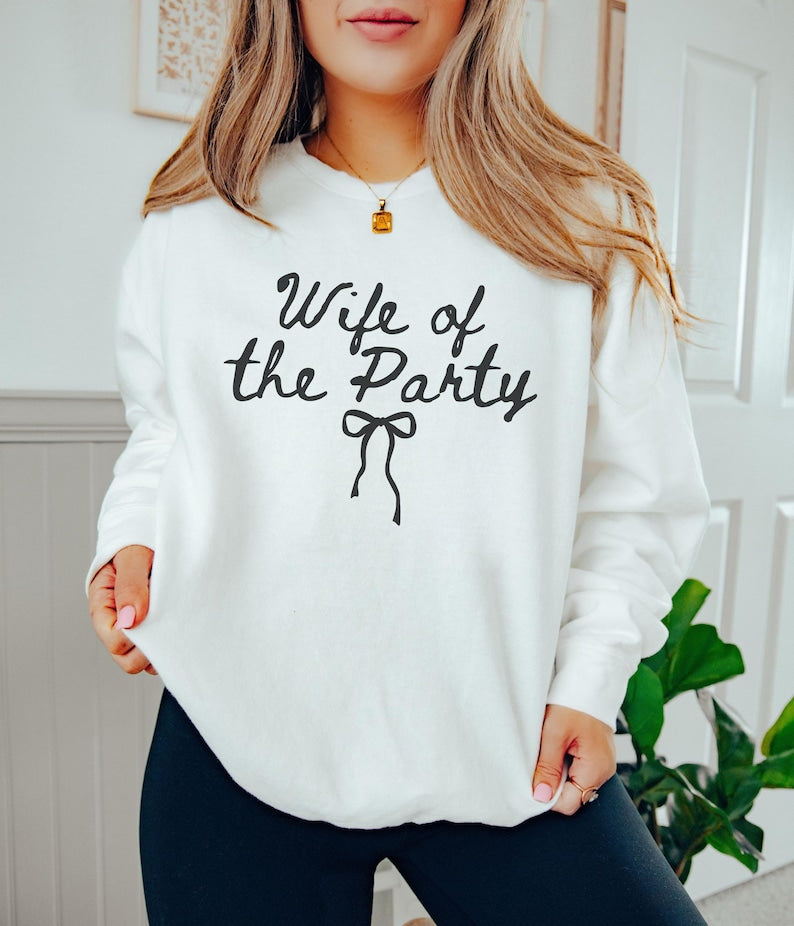 Wife Of The Party Sweatshirt, Comfort Colors Coquette Bow Bride Sweater, Future Mrs Crewneck, Engagement Outfit, Bridal Shower Gifts