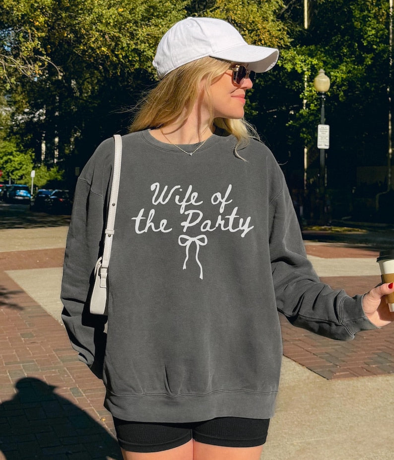 Wife Of The Party Sweatshirt, Comfort Colors Coquette Bow Bride Sweater, Future Mrs Crewneck, Engagement Outfit, Bridal Shower Gifts