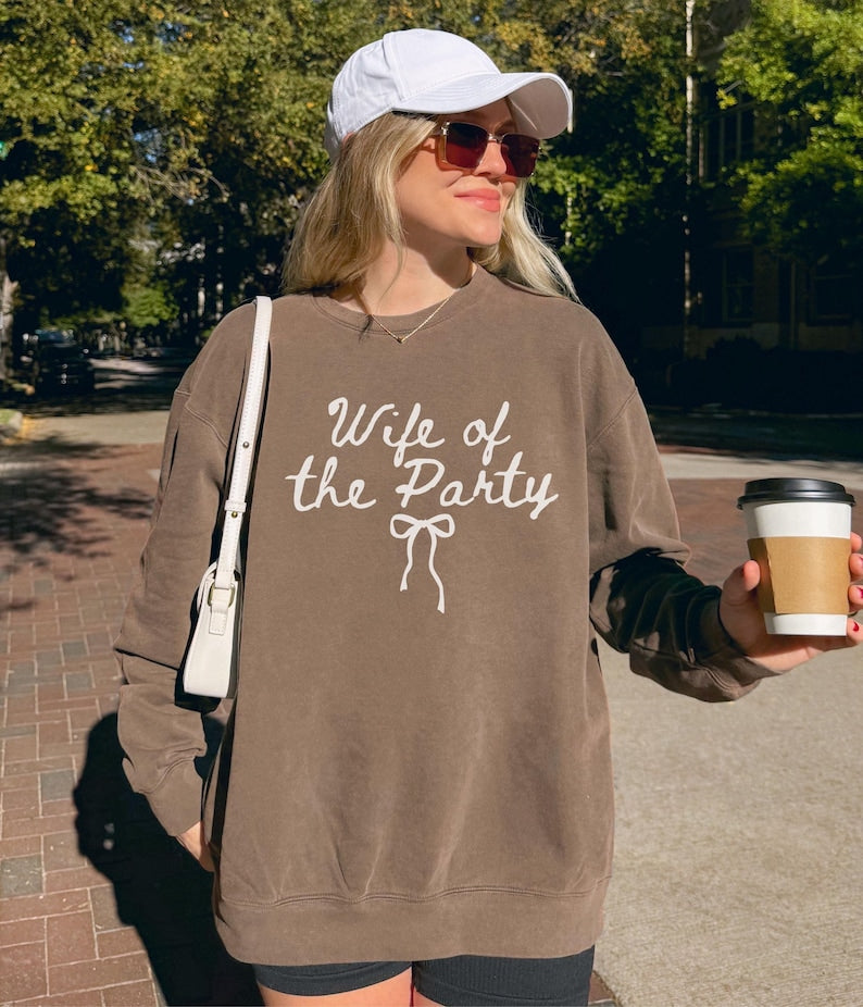 Wife Of The Party Sweatshirt, Comfort Colors Coquette Bow Bride Sweater, Future Mrs Crewneck, Engagement Outfit, Bridal Shower Gifts