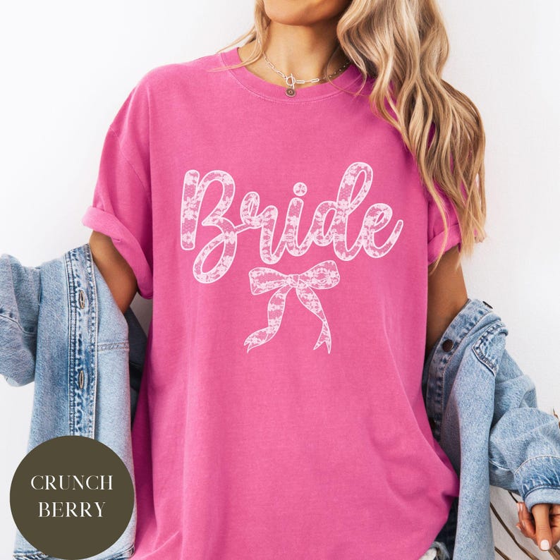 Coquette Lace Bride Comfort Colors® Shirt, Faux Lace Bow, Bridal Wedding Shower Gift, Future Mrs Gift, Chinoiserie Bow, Tying the Knot