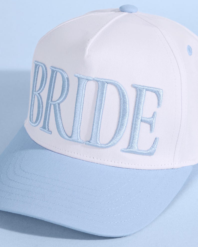 xo, Fetti White + Blue Bride Trucker Hat | Bachelorette Accessory, Bridal Headwear, Bach Party Decorations, Bridesmaid Gift, Wedding Cap