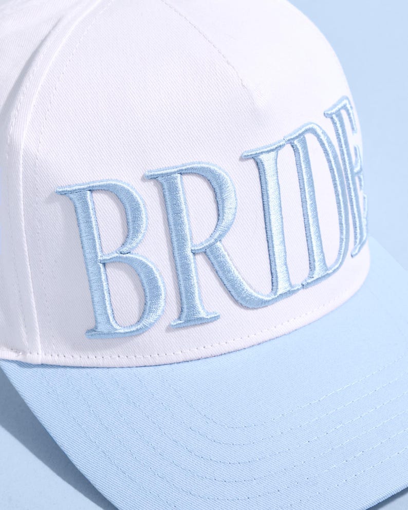 xo, Fetti White + Blue Bride Trucker Hat | Bachelorette Accessory, Bridal Headwear, Bach Party Decorations, Bridesmaid Gift, Wedding Cap