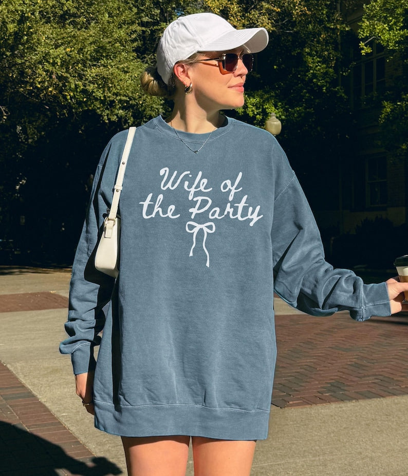 Wife Of The Party Sweatshirt, Comfort Colors Coquette Bow Bride Sweater, Future Mrs Crewneck, Engagement Outfit, Bridal Shower Gifts