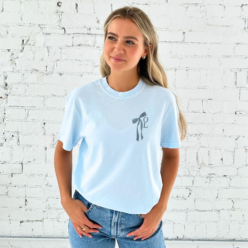 Personalized Stacked Initial Ribbon Comfort Colors T-Shirt | Bridal Party Shirts | Embroidered | Gift for Bride | Cute Bow Shirt | CC17SBSI