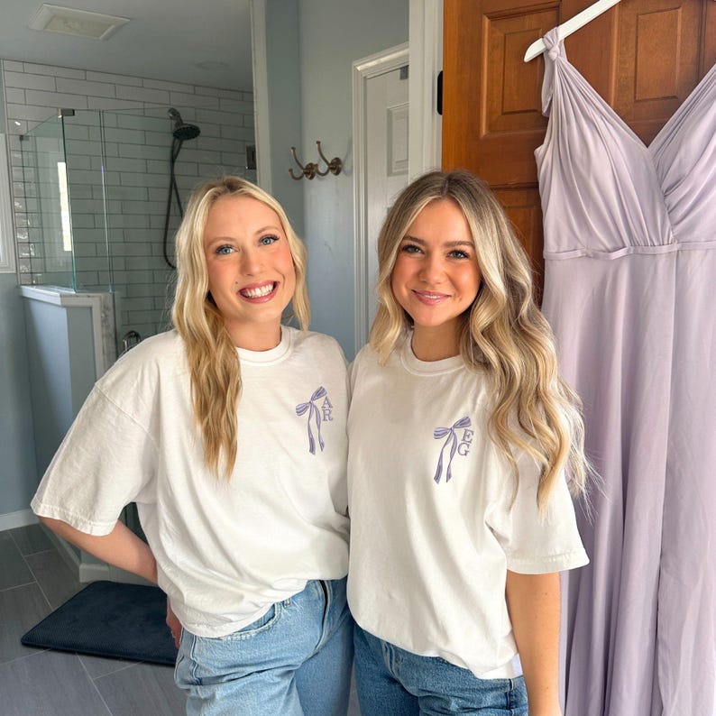 Personalized Stacked Initial Ribbon Comfort Colors T-Shirt | Bridal Party Shirts | Embroidered | Gift for Bride | Cute Bow Shirt | CC17SBSI