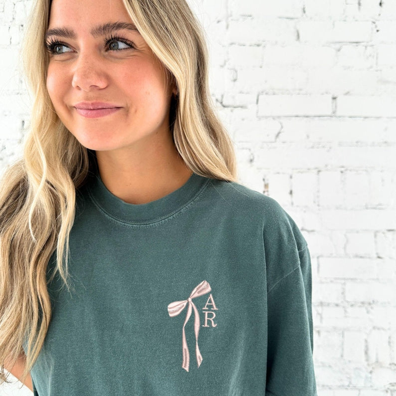 Personalized Stacked Initial Ribbon Comfort Colors T-Shirt | Bridal Party Shirts | Embroidered | Gift for Bride | Cute Bow Shirt | CC17SBSI