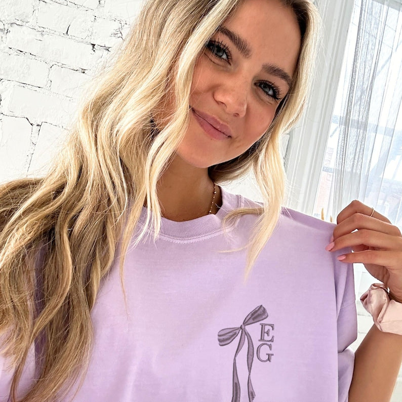 Personalized Stacked Initial Ribbon Comfort Colors T-Shirt | Bridal Party Shirts | Embroidered | Gift for Bride | Cute Bow Shirt | CC17SBSI