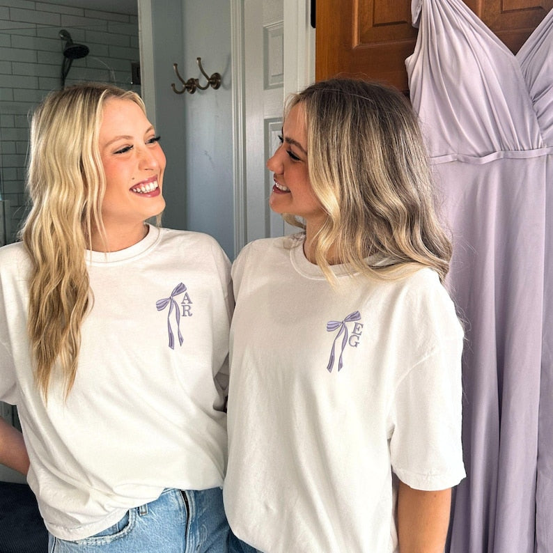 Personalized Stacked Initial Ribbon Comfort Colors T-Shirt | Bridal Party Shirts | Embroidered | Gift for Bride | Cute Bow Shirt | CC17SBSI