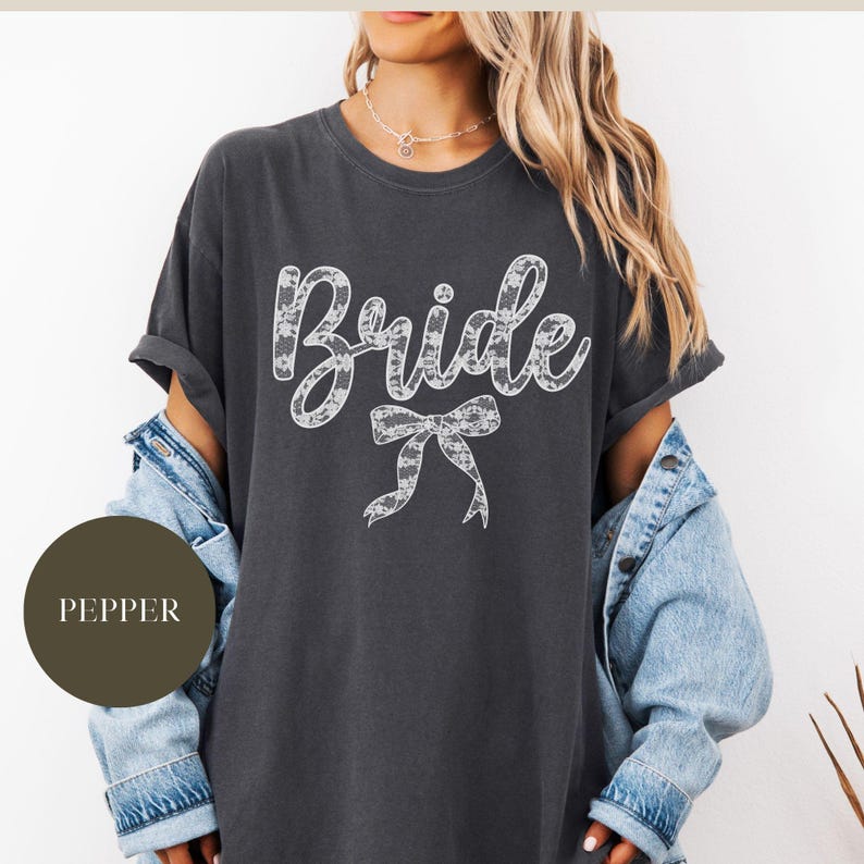 Coquette Lace Bride Comfort Colors® Shirt, Faux Lace Bow, Bridal Wedding Shower Gift, Future Mrs Gift, Chinoiserie Bow, Tying the Knot