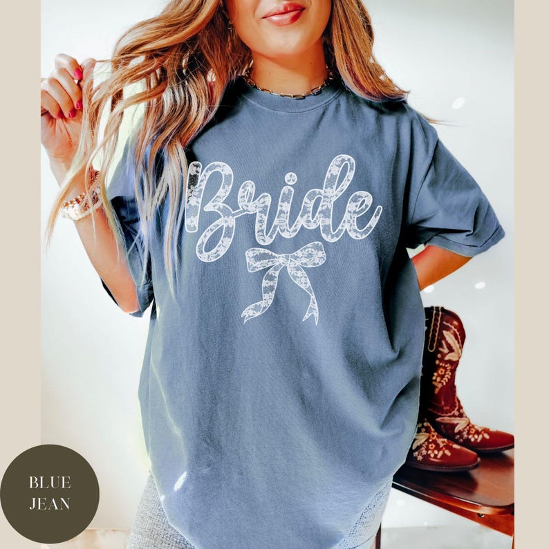 Coquette Lace Bride Comfort Colors® Shirt, Faux Lace Bow, Bridal Wedding Shower Gift, Future Mrs Gift, Chinoiserie Bow, Tying the Knot