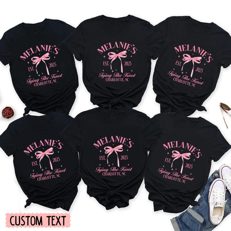 Personalized She's Tying the Knot Bridal Party Shirt, Pink Bow Bachelorette Party Shirt, Coquette Bow Bachelorette Shirts, Bride Bridesmaid