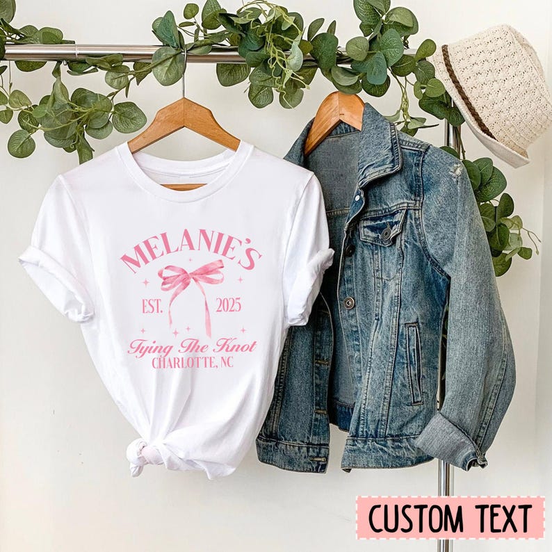 Personalized She's Tying the Knot Bridal Party Shirt, Pink Bow Bachelorette Party Shirt, Coquette Bow Bachelorette Shirts, Bride Bridesmaid