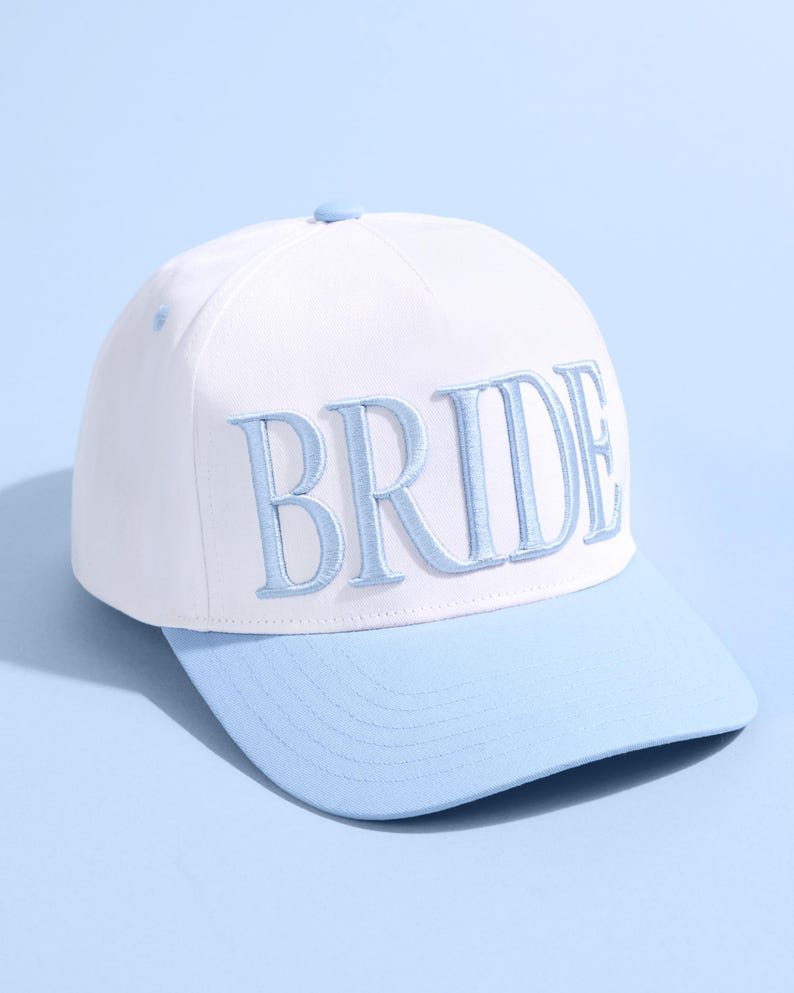 xo, Fetti White + Blue Bride Trucker Hat | Bachelorette Accessory, Bridal Headwear, Bach Party Decorations, Bridesmaid Gift, Wedding Cap