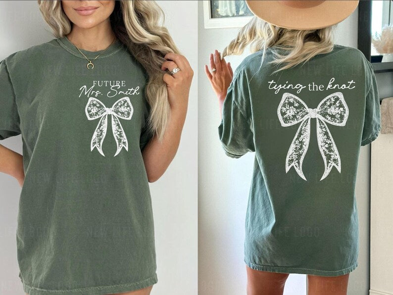 Shes Tying the Knot Bride Comfort Colors Shirt Coquette Bridal Shower Bow Engagement Party Future Mrs Gift Bride Getting Ready Shirt Custom