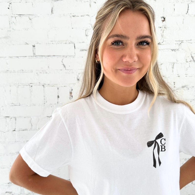 Personalized Stacked Initial Ribbon Comfort Colors T-Shirt | Bridal Party Shirts | Embroidered | Gift for Bride | Cute Bow Shirt | CC17SBSI