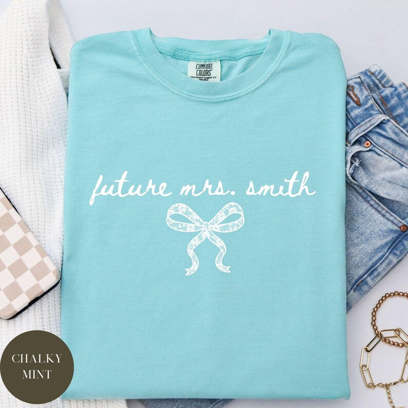 Future Mrs. Bride Wife Comfort Colors® Shirt, Wedding Day Bridal Gift, Bachelorette Party, Matching Team Bride, Coquette Faux Lace Bow