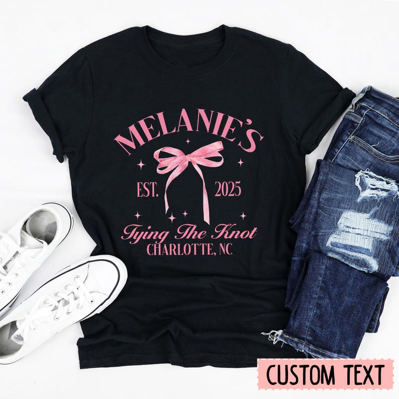 Personalized She's Tying the Knot Bridal Party Shirt, Pink Bow Bachelorette Party Shirt, Coquette Bow Bachelorette Shirts, Bride Bridesmaid