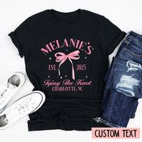 Personalized She's Tying the Knot Bridal Party Shirt, Pink Bow Bachelorette Party Shirt, Coquette Bow Bachelorette Shirts, Bride Bridesmaid