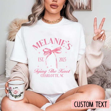Personalized She's Tying the Knot Bridal Party Shirt, Pink Bow Bachelorette Party Shirt, Coquette Bow Bachelorette Shirts, Bride Bridesmaid