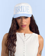 xo, Fetti White + Blue Bride Trucker Hat | Bachelorette Accessory, Bridal Headwear, Bach Party Decorations, Bridesmaid Gift, Wedding Cap