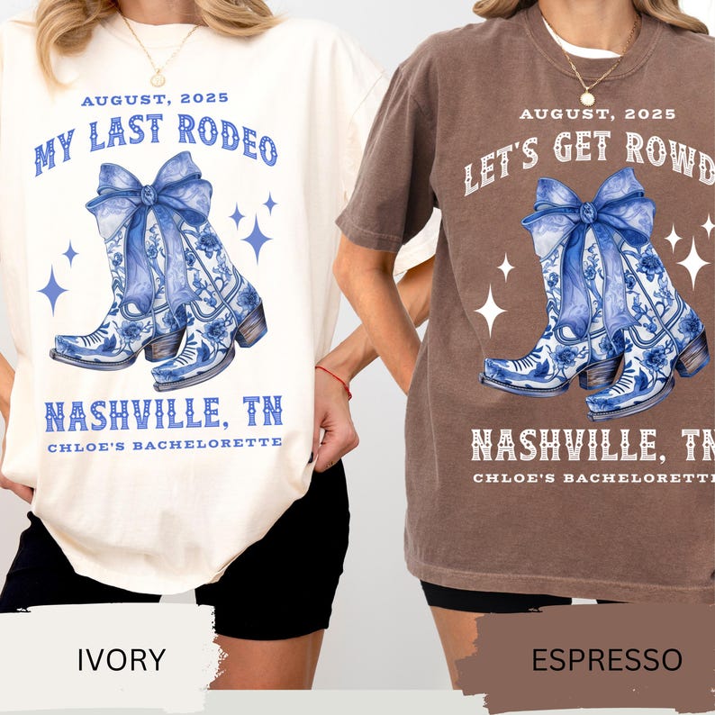 Custom Chinoiserie Bachelorette Shirts, Coquette Cowgirl Bachelorette, Coquette Bow Cowgirl Boots Bridesmaids Gifts Nashville Bachelorette