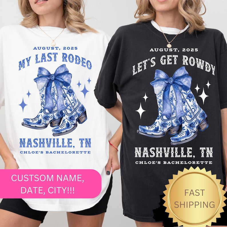 Custom Chinoiserie Bachelorette Shirts, Coquette Cowgirl Bachelorette, Coquette Bow Cowgirl Boots Bridesmaids Gifts Nashville Bachelorette