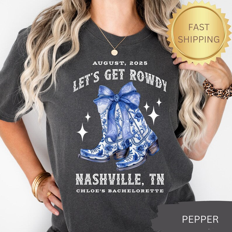 Custom Chinoiserie Bachelorette Shirts, Coquette Cowgirl Bachelorette, Coquette Bow Cowgirl Boots Bridesmaids Gifts Nashville Bachelorette