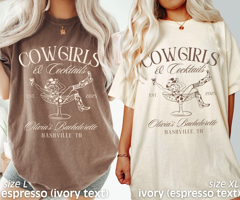 Custom Nashville Bachelorette Party Shirts, Funny Cowgirl Bachelorette, Cowgirls and Cocktails, Western Bridesmaid Shirts, Comfort Colors