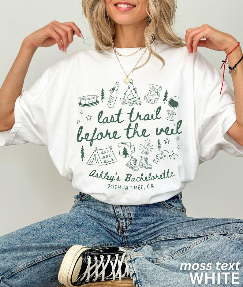Bachelorette Party Shirts, Custom Camp Bachelorette, Last Trail Before the Veil, Mountain Bride, Hiking Bridal Party Tees, Comfort Colors