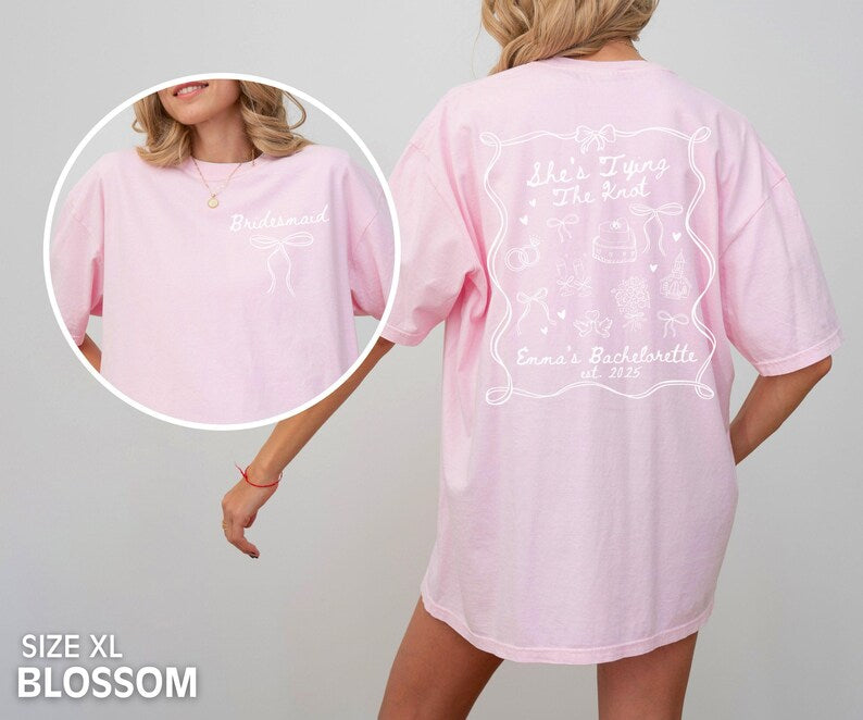 Coquette Bow Bachelorette Shirts, Bachelorette Party, Custom Bachelorette Shirts, Shes Tying the Knot Bridal Party, Girly Bow Bachelorette