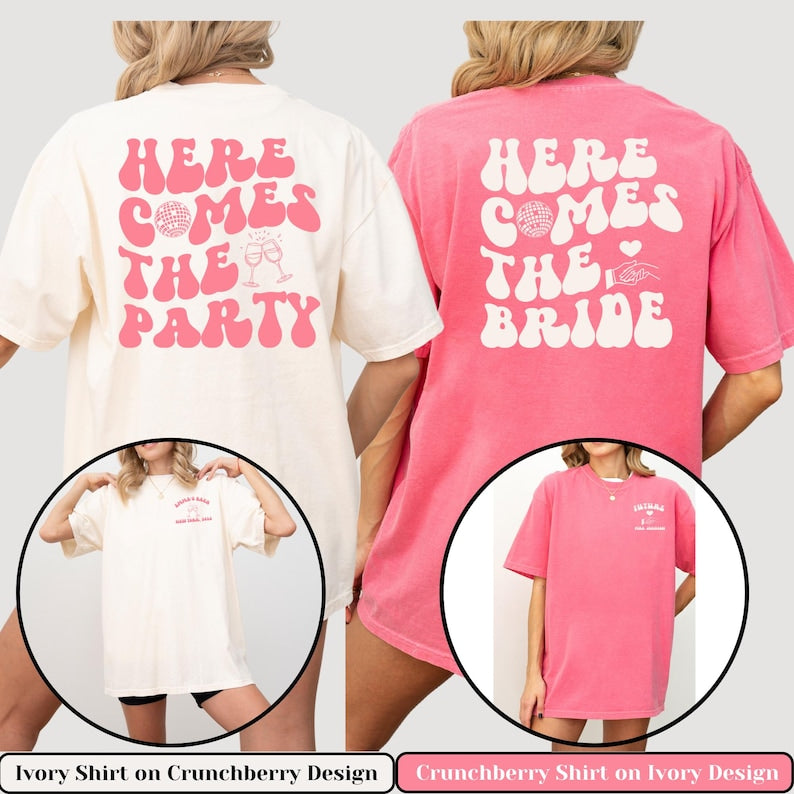 Comfort Color Custom Retro Bachelorette Party Shirts Here Comes the Bride Matching Bridal Shower Gift for Bride To Be Bridesmaid Bride Squad