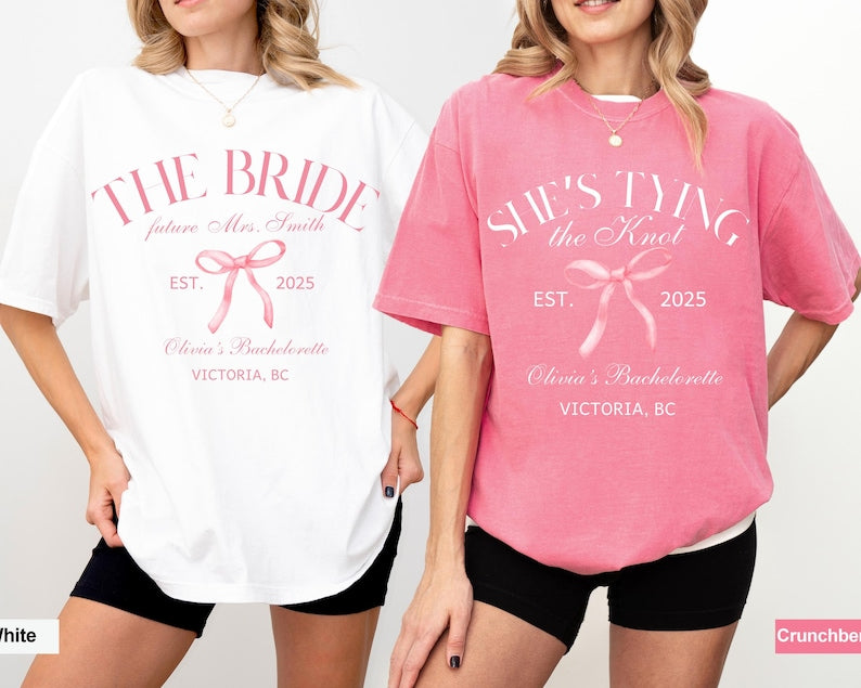 Coquette Bow Bachelorette Shirts, Bachelorette Party, Custom Bachelorette Shirts, Shes Tying the Knot Bridal Party, Girly Bow Bachelorette