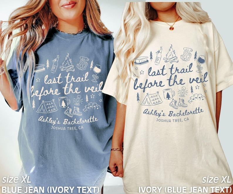 Bachelorette Party Shirts, Custom Camp Bachelorette, Last Trail Before the Veil, Mountain Bride, Hiking Bridal Party Tees, Comfort Colors
