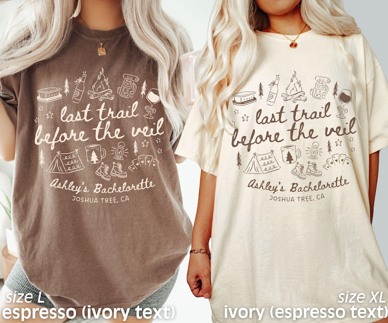 Bachelorette Party Shirts, Custom Camp Bachelorette, Last Trail Before the Veil, Mountain Bride, Hiking Bridal Party Tees, Comfort Colors