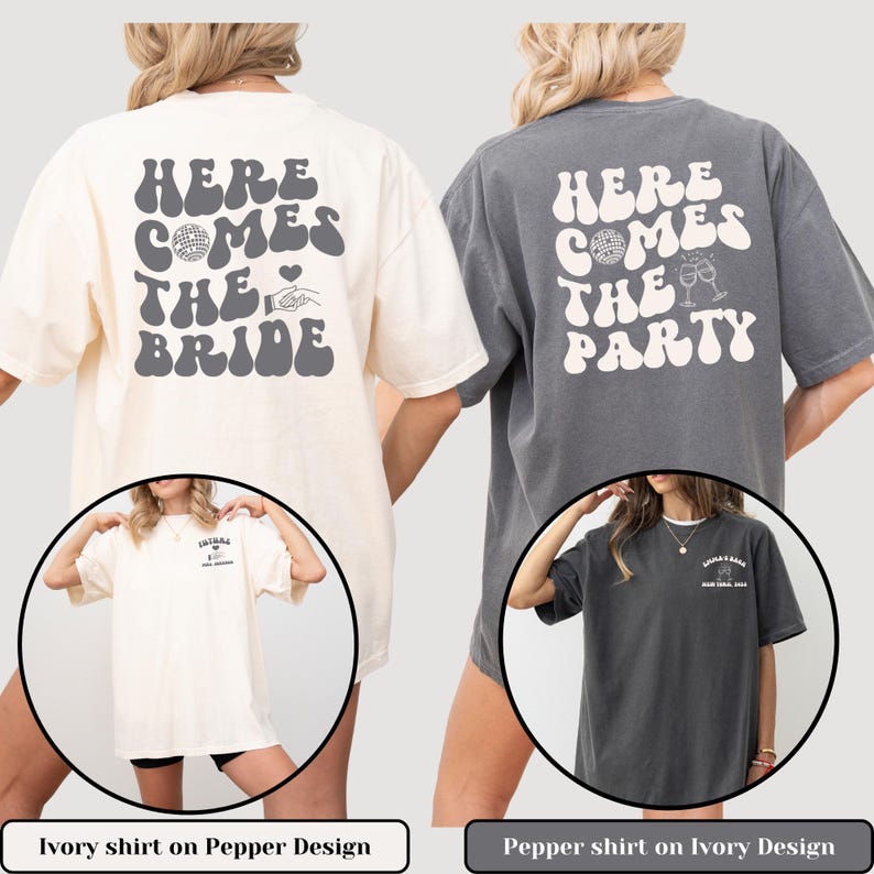 Comfort Color Custom Retro Bachelorette Party Shirts Here Comes the Bride Matching Bridal Shower Gift for Bride To Be Bridesmaid Bride Squad