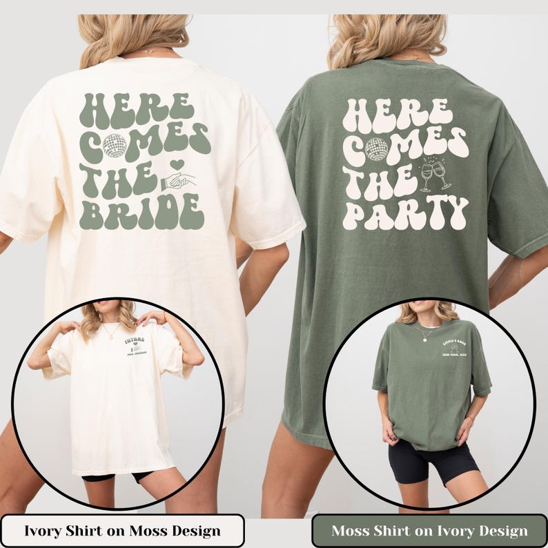 Comfort Color Custom Retro Bachelorette Party Shirts Here Comes the Bride Matching Bridal Shower Gift for Bride To Be Bridesmaid Bride Squad
