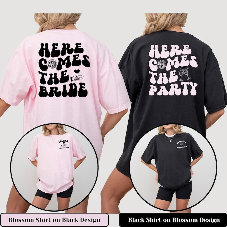 Comfort Color Custom Retro Bachelorette Party Shirts Here Comes the Bride Matching Bridal Shower Gift for Bride To Be Bridesmaid Bride Squad