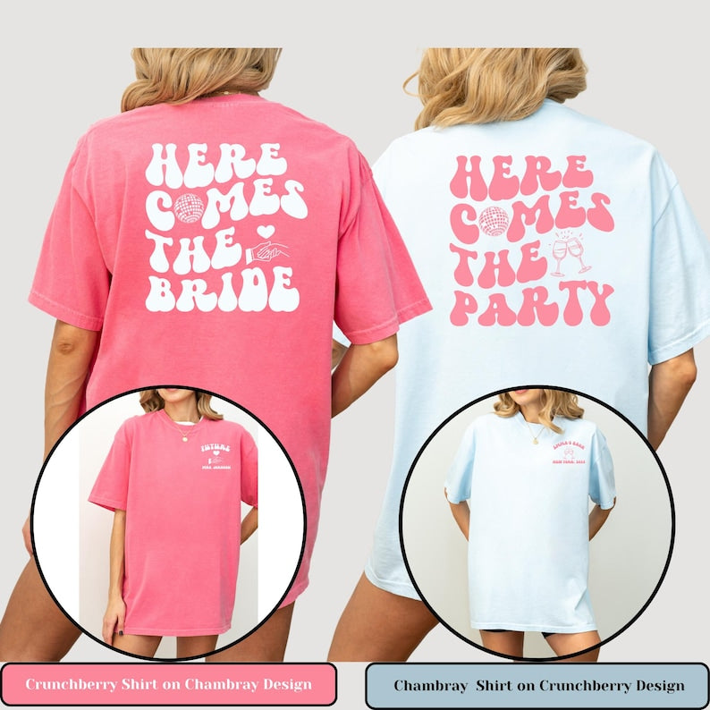 Comfort Color Custom Retro Bachelorette Party Shirts Here Comes the Bride Matching Bridal Shower Gift for Bride To Be Bridesmaid Bride Squad