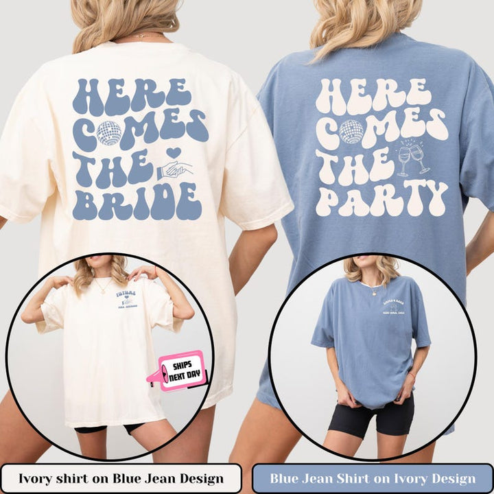 Comfort Color Custom Retro Bachelorette Party Shirts Here Comes the Bride Matching Bridal Shower Gift for Bride To Be Bridesmaid Bride Squad