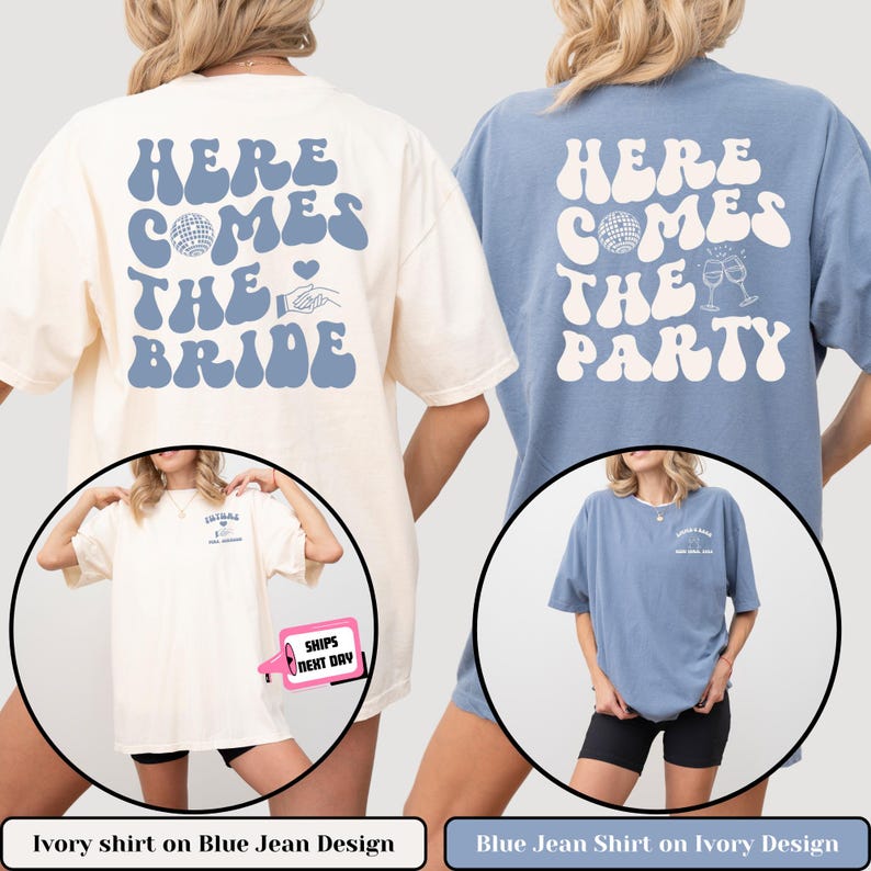 Comfort Color Custom Retro Bachelorette Party Shirts Here Comes the Bride Matching Bridal Shower Gift for Bride To Be Bridesmaid Bride Squad