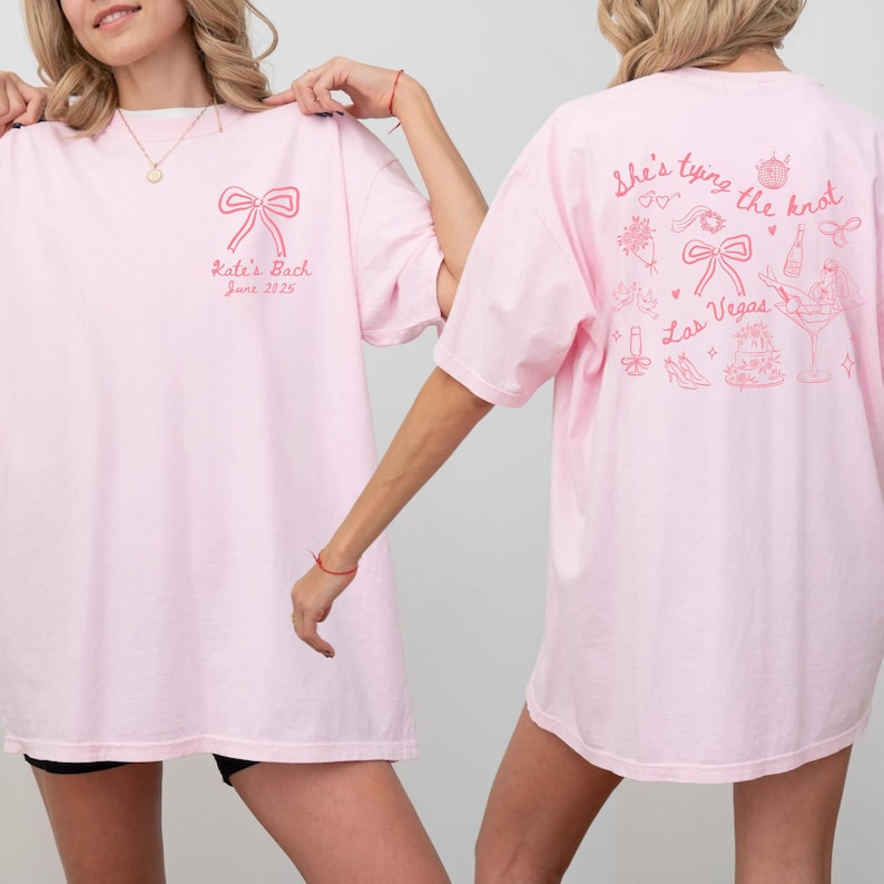 Custom Coquette Bow Bachelorette Shirts Shes Tying The Knot Bachelorette Party Tshirts Bridal Party Matching Shirts Pink Bow Bachelorette