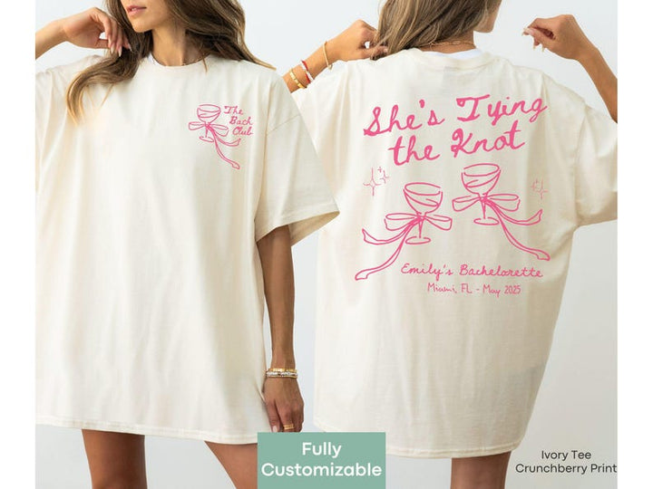 Custom Pink Bow Bachelorette Shirt She's Tying the Knot Tshirt Personalized Bow Bach Club Hens Night Matching Outfit MOH Gift For Bridesmaid